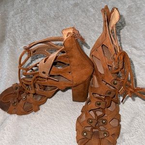 Tan Cut Out Lace Heels